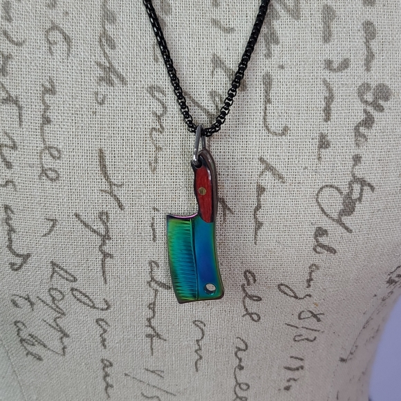 Hatchet Cleaver Wood Butcher Knife Iridescent Rainbow Necklace Wood - Picture 3 of 15
